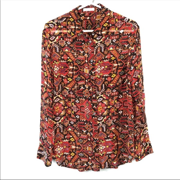EUC Equipment Aztec print silk shirt in warm tones - Picture 1 of 8